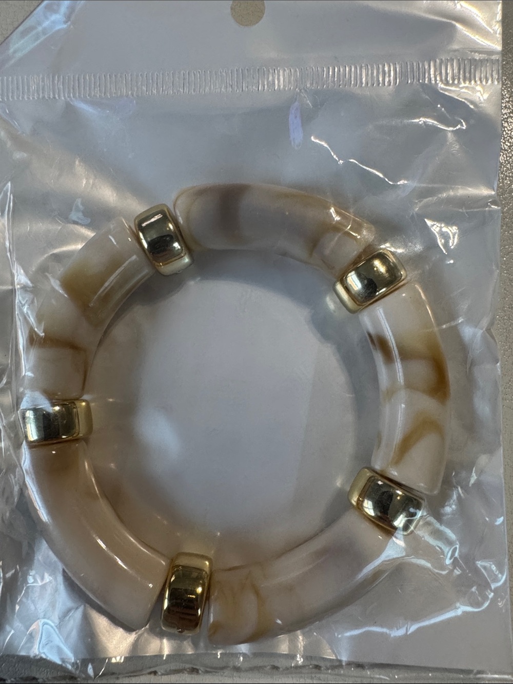 Beige Marbled Resin Bangle Bracelet with Gold Accents
